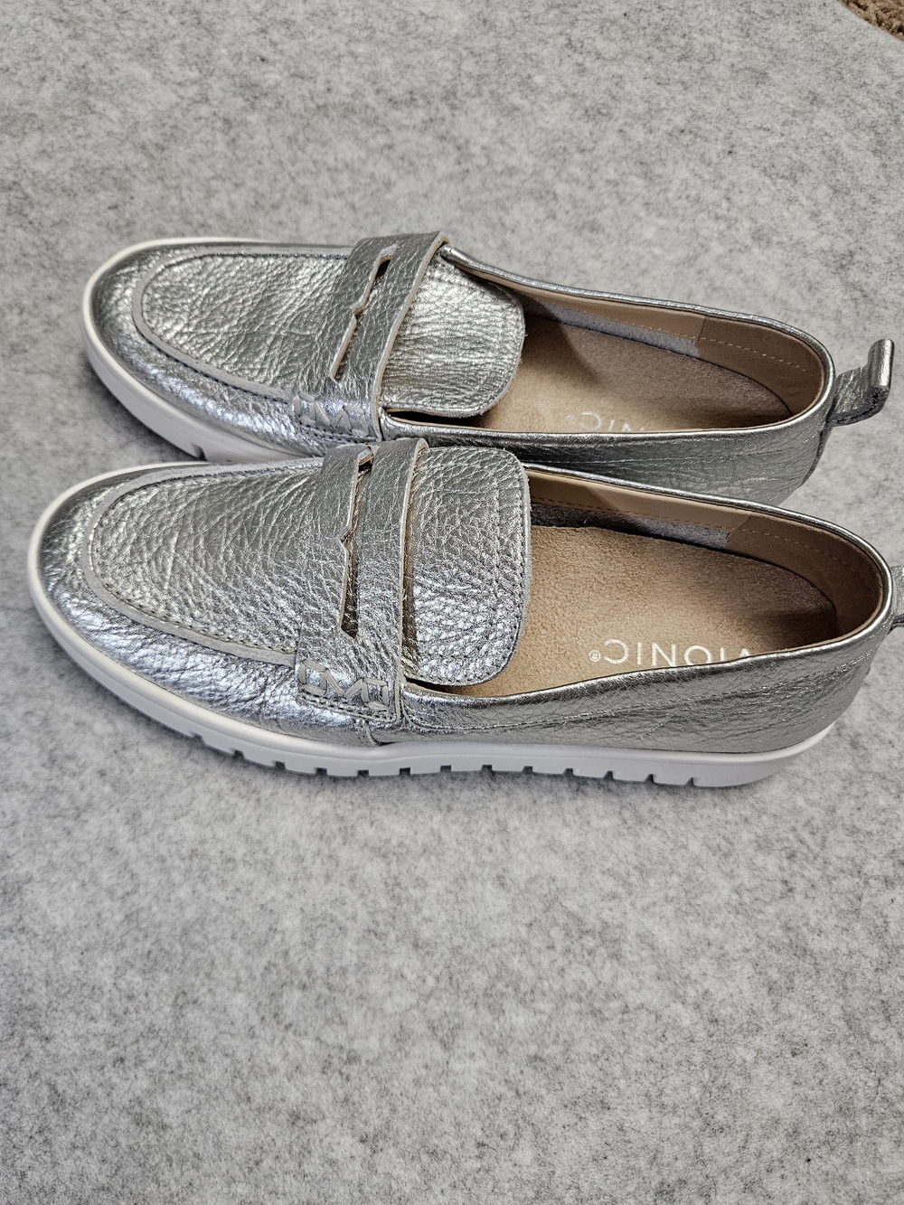 Vionic Silver Metallic Leather Slip-On Loafers